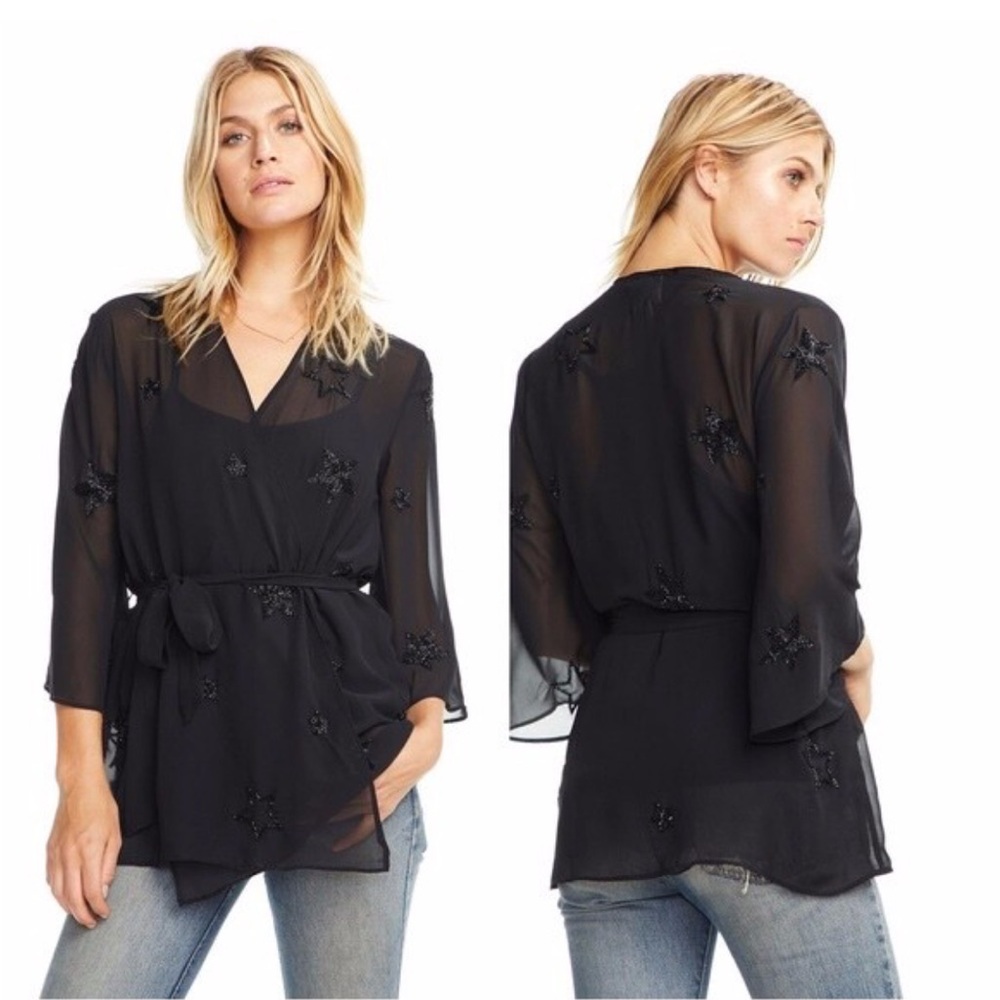Chaser Beaded Star Black Sheer Chiffon Blouse Top 3/4  Bell Sleeve Festival S